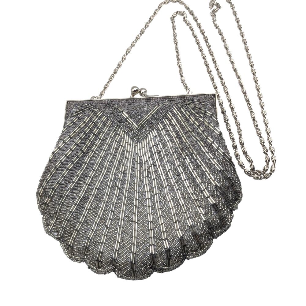 PRESTON & YORK Silver Beaded Evening Bag Clutch 42" Chain Strap Kiss Lock